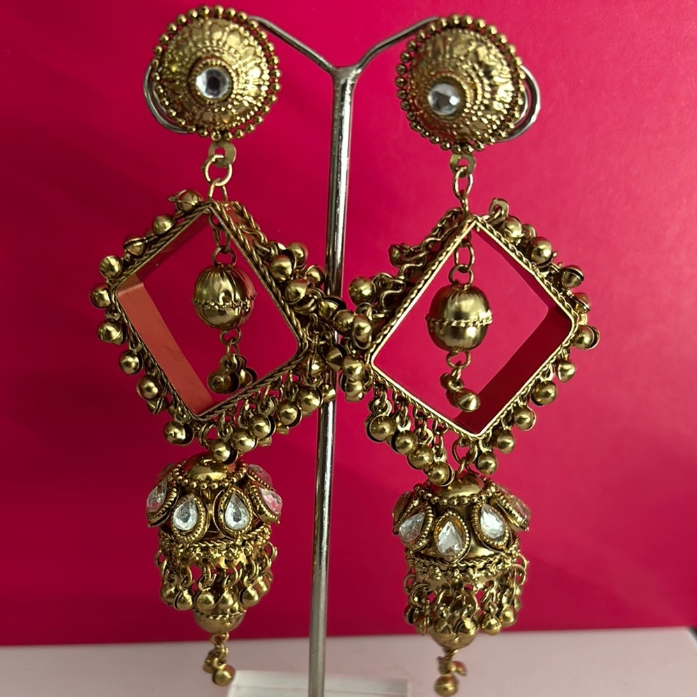 Elegant Gold and Red Dangle Earrings